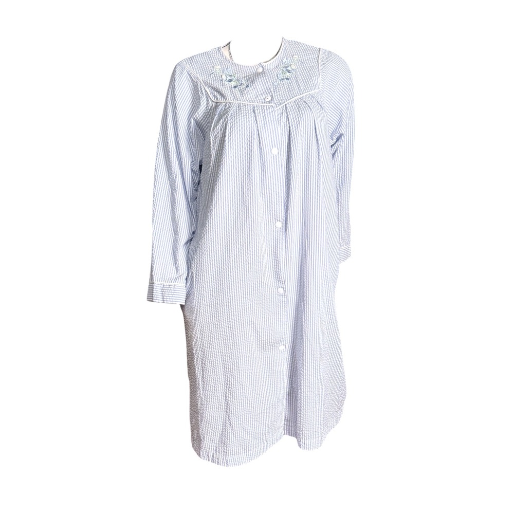 Collette by Miss Elaine Blue White Striped Seersucker Floral Nightgown Small